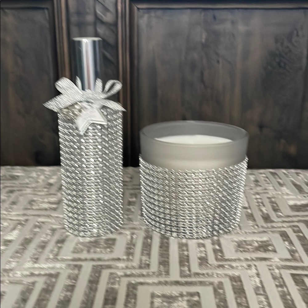 Silver Rhinestone Decorative Candle and Spray Set